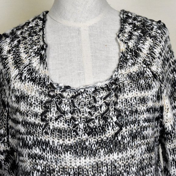ALBERTO MAKALI Sweater L Black White Stripe Long Sleeve Open Knit - Picture 3 of 5